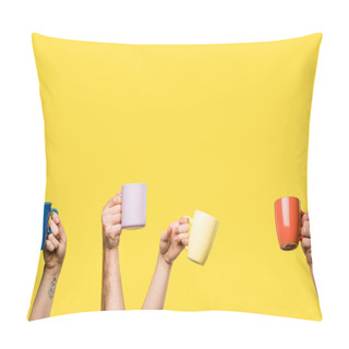Personality  Partial View Of People Holding Colorful Cups Isolated On Yellow Pillow Covers