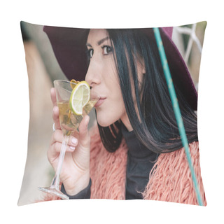 Personality  Fashionable Young Woman Drinking Cocktail Pillow Covers