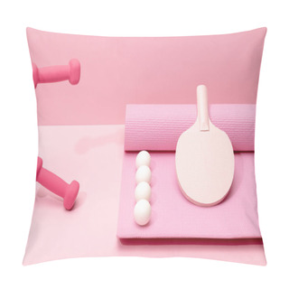 Personality  Pink Dumbbells Levitating In Air Near White Ping-pong Balls And Racket On Fitness Mat On Pink Background Pillow Covers