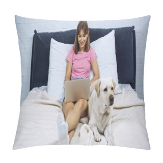 Personality  Happy Freelancer Using Laptop Near Golden Retriever On Bed Pillow Covers