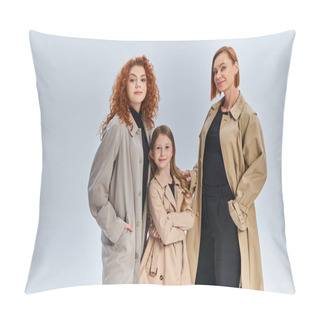 Personality  Three Generation Joyful Family Standing Together In Stylish Coats On Grey Backdrop, Autumn Fashion Pillow Covers