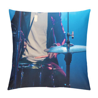 Personality  Cropped Image Of Male Musician Playing Drums During Rock Concert On Stage With Smoke And Dramatic Lighting Pillow Covers