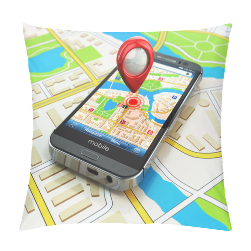 Personality  Mobile GPS navigation concept. Smartphone on map of the city, pillow covers