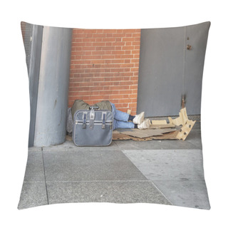 Personality  A Homeless Man Sleeping On Cardboard On A Street Corner Pillow Covers