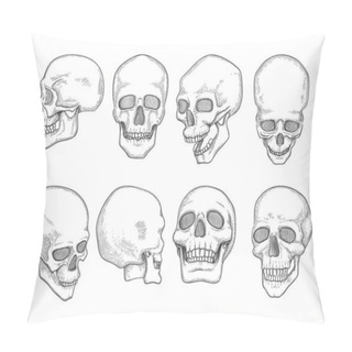 Personality  Skulls. Human Anatomy Bones Head Skull Mouth And Eyes Vector Hand Drawn Illustrations. Anatomy Skeleton, Head Skull Human Pillow Covers