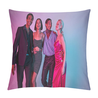 Personality  Happy Interracial Men In Festive Attire And Women In Dresses Celebrating Christmas On Purple Pink Pillow Covers