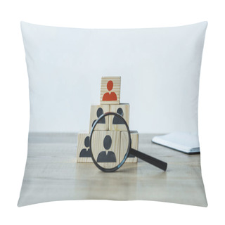 Personality  Magnifying Glass Near Wooden Cubes On Desk In Office  Pillow Covers