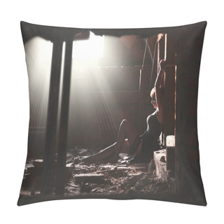 Personality  Tied To A Wooden Pole Girl Sitting In An Old Attic Of An Abandoned Building. Beautiful Young Blonde Girl In A Black Dress And Stockings As A Hostage With His Hands Tied Pillow Covers
