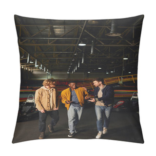 Personality  Multicultural Friends Smiling And Chatting Near Racing Cars Inside Of Karting Track, Hobby And Joy Pillow Covers