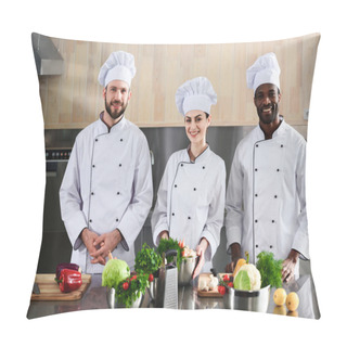 Personality  Multiracial Chefs Team Smiling By Modern Kitchen Counter Pillow Covers