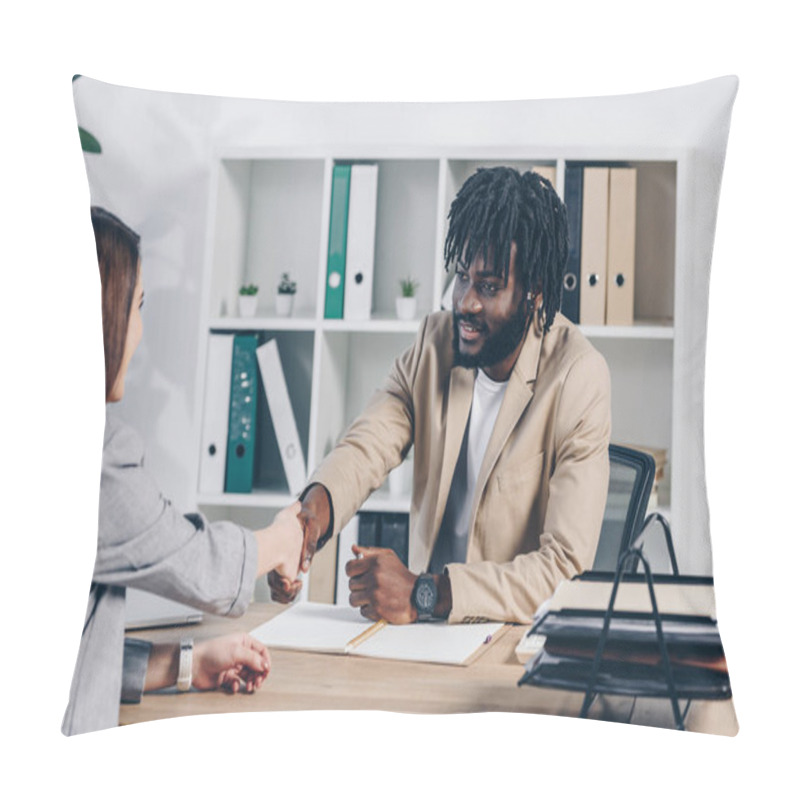 Personality  African american recruiter shaking hands with employee at job interview in office pillow covers
