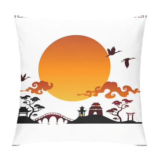 Personality  Abstract Japanese Landscape With Flying Cranes, Sunset And Traditional Asian Buildings Pillow Covers