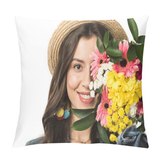 Personality  Front View Of Smiling Happy Boho Girl In Straw Hat Holding Flowers Isolated On White Pillow Covers