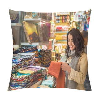 Personality  Beautiful Woman Looks Oriental Scarf And Clothes Sold A Shop In Egypt Bazaar In Eminonu,Istanbul,Turkey Pillow Covers
