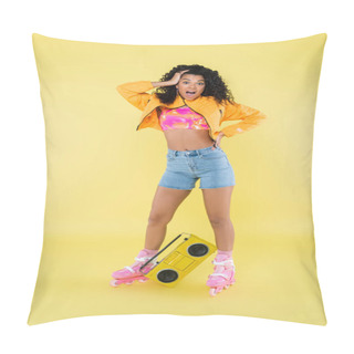 Personality  Full Length Of Shocked African American Woman On Roller Skates Posing Near Retro Boombox On Yellow Pillow Covers
