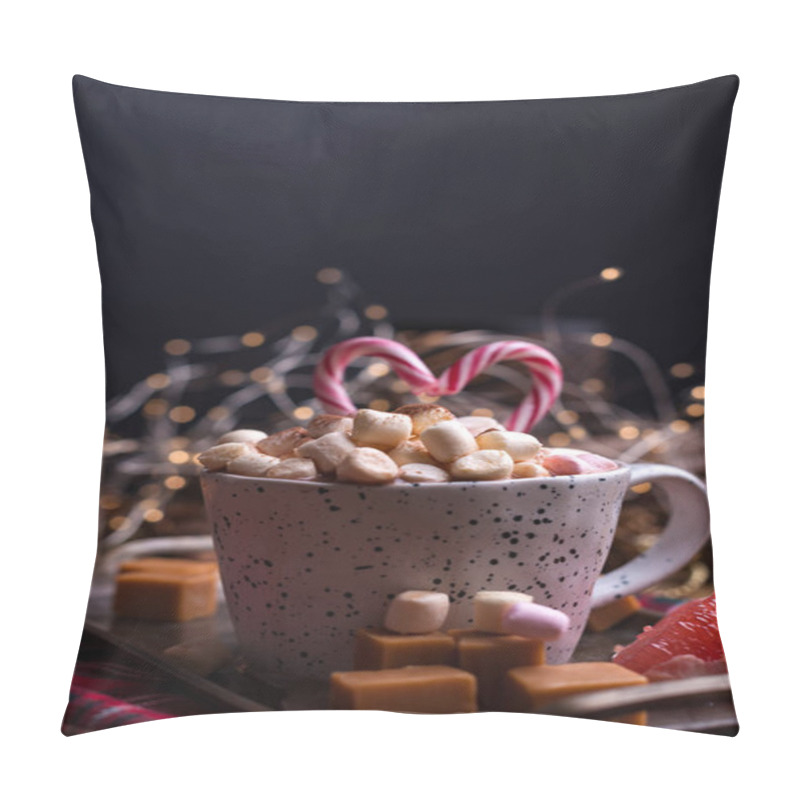 Personality  Cocoa With Marshmallows In A White Mug, Different Christmas Candies And Sweets. Photo In Dark Style And Free Space For Text. Candles And Holiday Decorations Pillow Covers