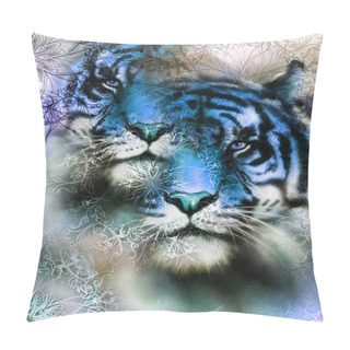 Personality  Tiger Collage On Color Abstract  Background And Mandala With Ornament,  Painting Wildlife Animals. Pillow Covers