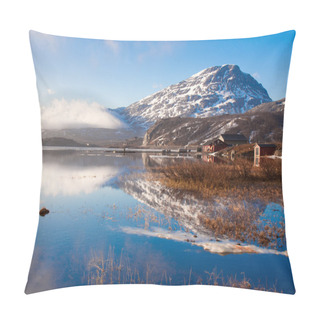 Personality  Winter Mountain And Lake Reflection On Sunny Day With Blue Skies Pillow Covers