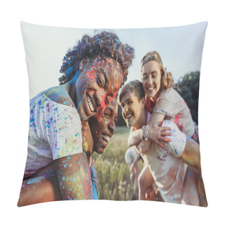 Personality  Multiethnic Friends At Holi Festival Pillow Covers