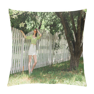Personality  Cheerful Woman In Sunglasses Standing Near Fence In Summer Park  Pillow Covers