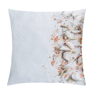 Personality  Top View Of Scattered Garlic And Spices On White Table Pillow Covers