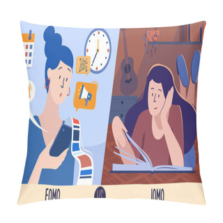 Personality  Vector Illustration Of Fomo Vs Jomo, Two Conditions In Which A Person Can Reside Pillow Covers