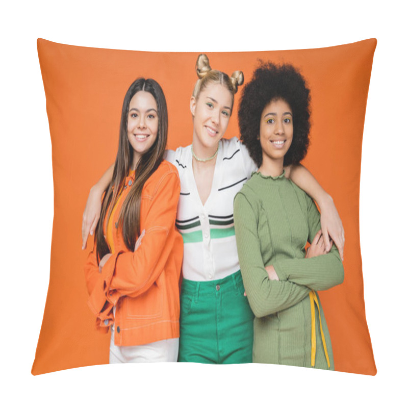 Personality  Portrait Of Joyful And Interracial Teenage Girlfriends In Trendy Outfits Crossing Arms And Looking At Camera Isolated On Orange, Cultural Diversity And Generation Z Fashion Concept Pillow Covers