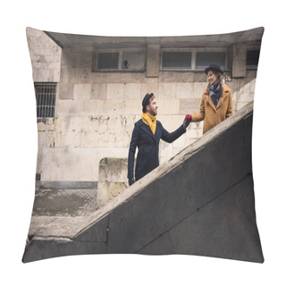 Personality  Young Couple In Autumn Outfit Holding Hands And Looking At Each Other On Stairs Pillow Covers