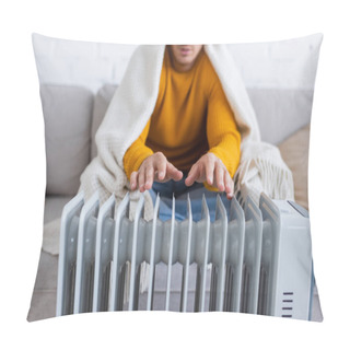 Personality  Cropped View Of Young Man Covered In Blanket Sitting On Sofa And Warming Up Near Radiator Heater In Winter  Pillow Covers
