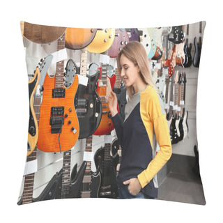 Personality  Buyer Choosing Guitar In Modern Music Store Pillow Covers