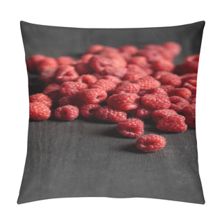 Personality  Selective Focus Of Delicious Ripe Raspberries Scattered On Wooden Table Pillow Covers