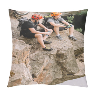 Personality  Smiling Male Cyclists Resting With Sport Bottle Of Water And Apple On Rocky Cliff Pillow Covers