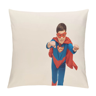Personality  Courageous Asian Boy In Superhero Costume With Cloak And Mask Standing With Outstretched Hands And Clenched Fists While Celebrating International Day For Protection Of Children On Grey Background  Pillow Covers