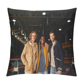 Personality  Multicultural Male Friends Smiling And Standing Near Racing Cars Inside Of Indoor Karting Track Pillow Covers