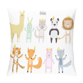 Personality  Llama, Lion, Tiger, Wolf, Panda, Cat, Bunny, Pig, And Fox Characters Staying Together In Crowns. Two Animals In Cute Trendy Modern Cartoon Childish Style. Perfect For Print, Web, App Or Any Design Pillow Covers