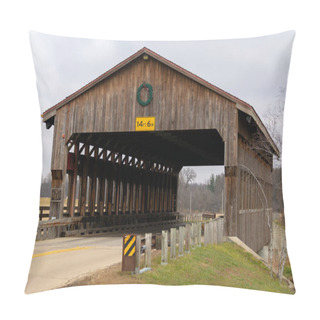Personality  Wooden Covered Bridge On A Cloudy Winter Morning.  Morrison, Illinois, USA Pillow Covers