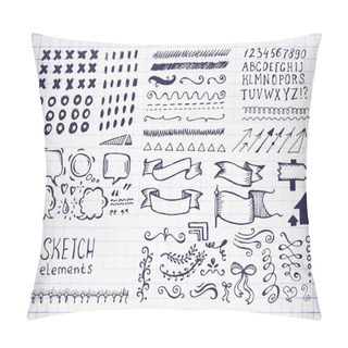 Personality  Collection Of Different Graphic Vector Elements In Doodle Style. Hand Drawn Sketches Of Arrows, Speech Bubbles, Alphabet, Numbers, Swirls, Strokes And Other Symbols On Notebook Sheet Pillow Covers