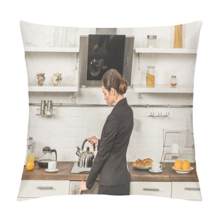 Personality  Attractive Woman In Suit Putting Kettle On Stove In Morning At Kitchen Pillow Covers