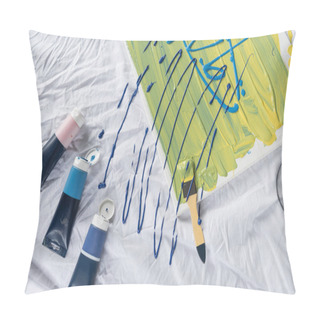 Personality  Top View Of Acrylic Paints Near Canvas And Paintbrush On Cloth  Pillow Covers