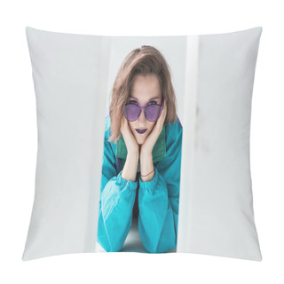 Personality  Girl In Windcheater Jacket And Purple Sunglasses Pillow Covers