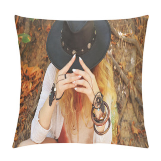 Personality  Beautiful Female Hands With Boho Chic Dreamcatcher Bracelets And Black Leather Hat Pillow Covers