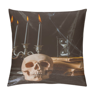 Personality  Halloween Skull, Ancient Books With Hourglass And Candles On Black Cloth Pillow Covers