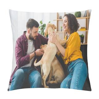 Personality  Smiling Couple Sitting On Sofa With Two Playful Labrador Puppies Pillow Covers