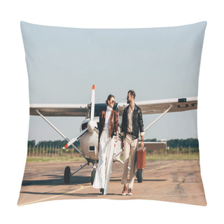 Personality  Stylish Young Couple In Leather Jackets And Sunglasses Walking With Retro Suitcase Near Airplane  Pillow Covers