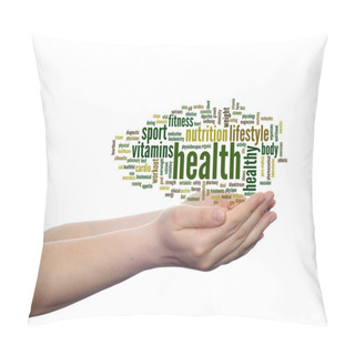 Personality  Concept Or Conceptual Abstract Health Word Cloud In Human Man Hand Isolated On White Background Pillow Covers