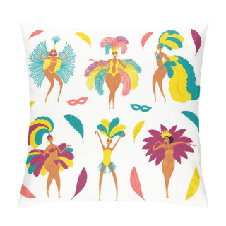 Personality  Set Of Hand Drawn Beautiful Dancing Girls In Bright Costumes Isolated On White Background. Flat Style Design. Element For Barranquilla Carnival Poster Pillow Covers