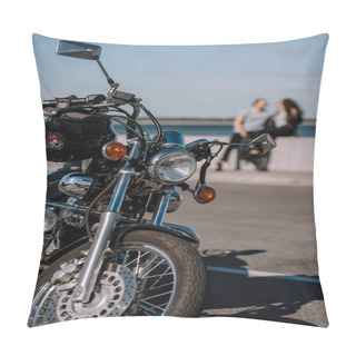 Personality  Selective Focus Of Classical Chopper Motorbike With Couple On Background Pillow Covers