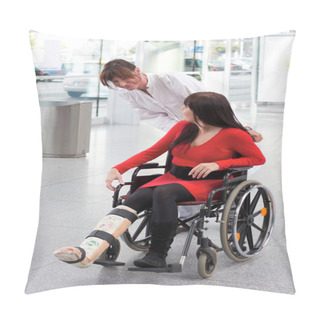 Personality  Woman With Leg In Plaster, Wheelchair And Carer Pillow Covers