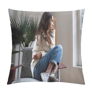 Personality  Sad Thoughtful Girl Sitting On Chair Feeling Depressed Or Lonely Pillow Covers