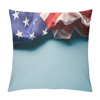 Personality  Close Up View Of Crumpled American Flag On Blue Background With Copy Space Pillow Covers